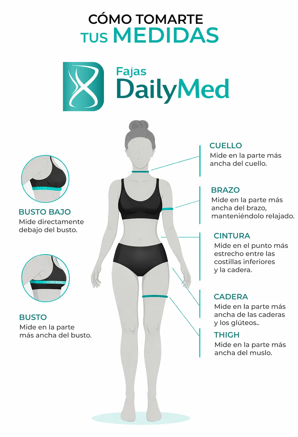Guía DailyMed: cómo tomarte tus medidas (busto, busto bajo, cintura, cadera, muslo, brazo y cuello)