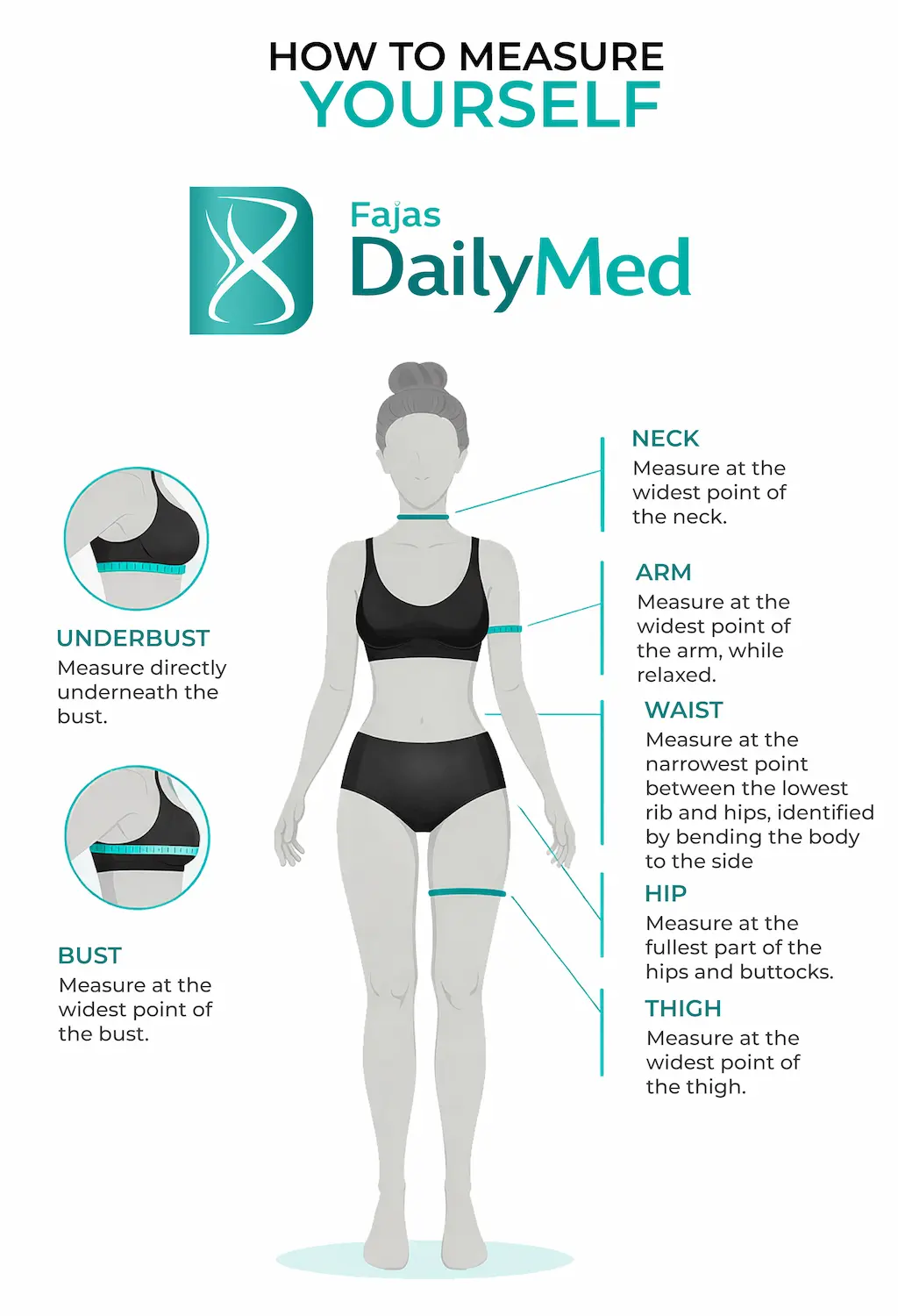DailyMed guide: how to take your measurements (bust, underbust, waist, hips, thigh, arm, and neck)